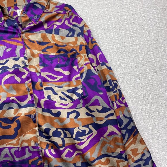 Y2K Rouie Purple / Orange camo AOP Button Up Top Sz 14 Funky Party Canada Made - Picture 4 of 14